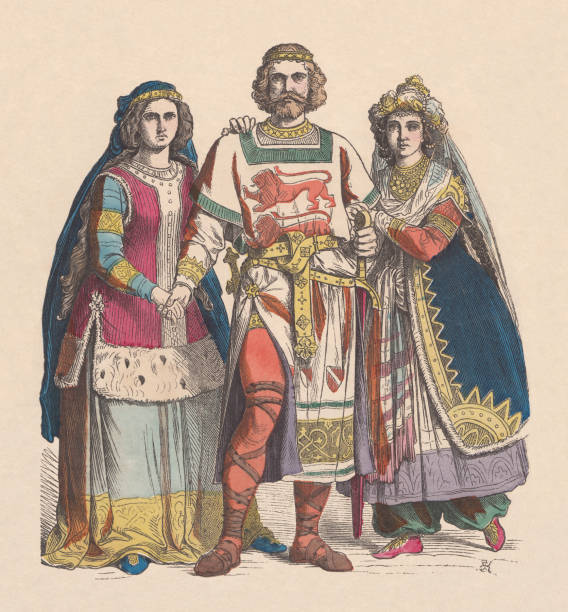 Count von Gleichen with his two wives, published c.1880 The romantic legend is about the Thuringian Count Ernest (sometimes Ludwig too), who in 1227 joined a crusade. Having been captured, he was released from his imprisonment by the daughter of a sultan, who returned with him to Germany and became his wife, a papal dispensation allowing him to live with two wives at the same time. Hand colored wood engraving, published c. 1880. polygamy stock illustrations
