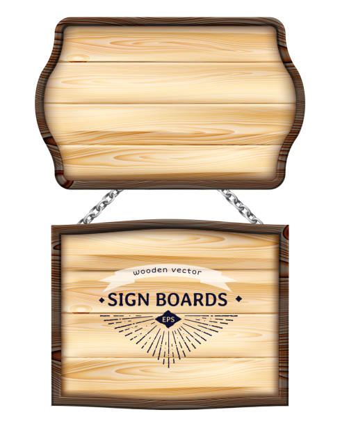 Realistic wooden signboards or wood plank with dark frame. Old blank wooden boards for banners, messages hanging on metal chains. Signpost, billboard, notice and information theme Realistic wooden signboards or wood plank with dark frame. Old blank wooden boards for banners, messages hanging on metal chains. Signpost, billboard, notice and information theme. Outdoor advertising theme wild wild west stock illustrations