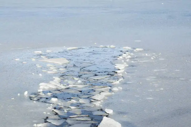 Photo of Hole in the thin ice. Someone fell through the ice. Dangerous concept. Freezing and melting time for ice on the water reservoirs in winter.