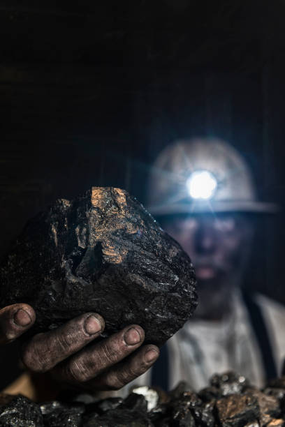 istock Coal miner covered in coal dust with a large piece of Anthracite coal 899743608
