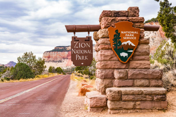 SPRINGDALE, UTAH - OCTOBER 19, 2017: Entrance sign to Zion National Park in Springdale, Utah