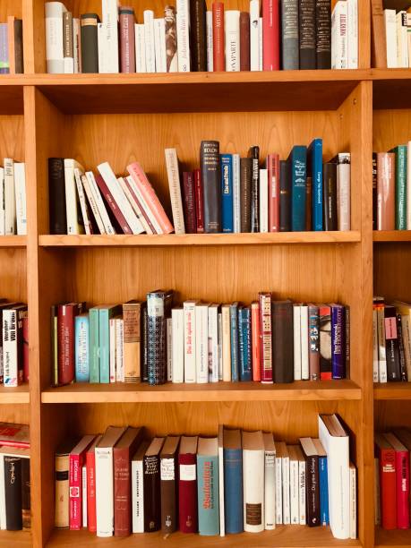 istock Brown wooden shelfs fully packed with books in a library 899751478