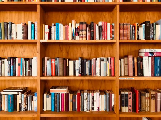 istock Brown wooden shelfs fully packed with books in a library 899751522