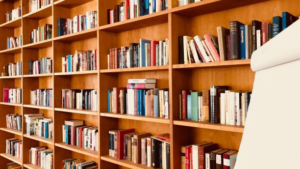 istock Brown wooden shelfs fully packed with books in a library 899751544