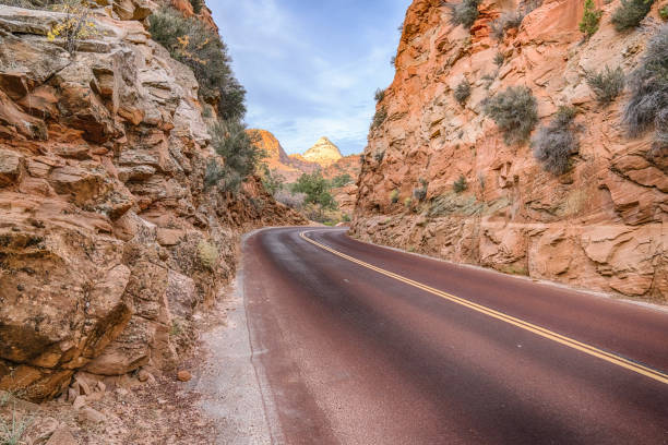 Winding road through the beautiful red rock formations of Zion National Park, Utah