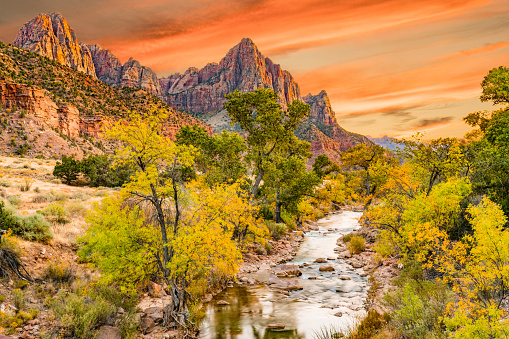 Sunset at Watchman  peak along the Virgin river in Zion National Park, Utah