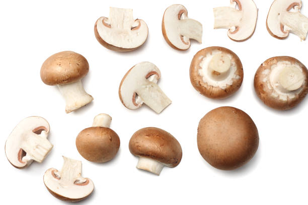 istock Fresh champignon mushrooms isolated on white background. top view 899757248