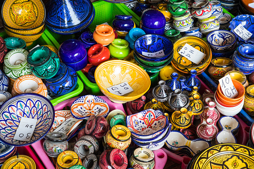 Selection of very colorful Moroccan tajines. Traditional dish, meat and vegetable in ceramic tajine.