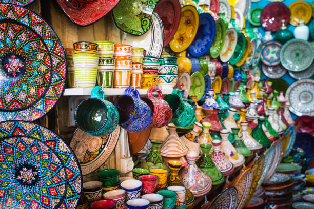 Moroccan souk crafts souvenirs in medina, Essaouira, Morocco stock photo