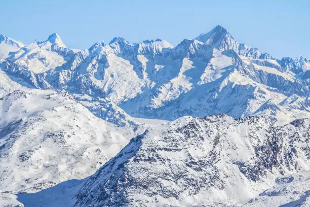 Snow-capped mountains of Saas-Fee in Switzerland