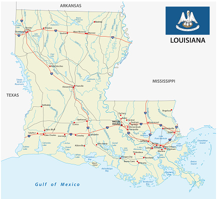 Louisiana Road Map With Flag Stock Illustration - Download Image Now -  Arkansas, Blusher - Make-Up, Delta - iStock