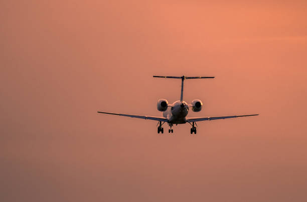 istock Airplane landing at sunset 899771540