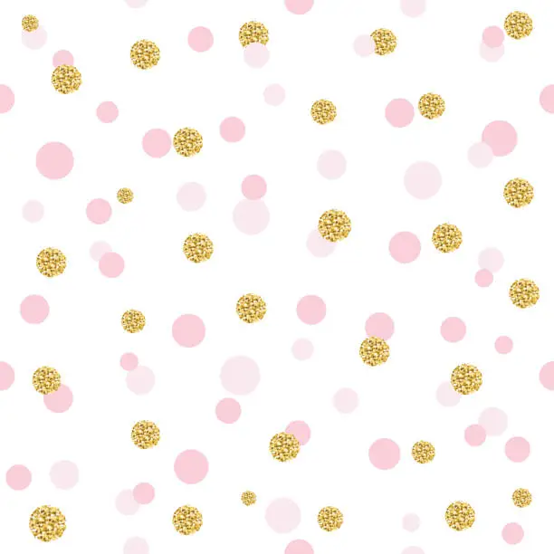 Vector illustration of Glitter confetti polka dot seamless pattern background. Golden and pastel pink trendy colors. For birthday, valentine and scrapbook design.