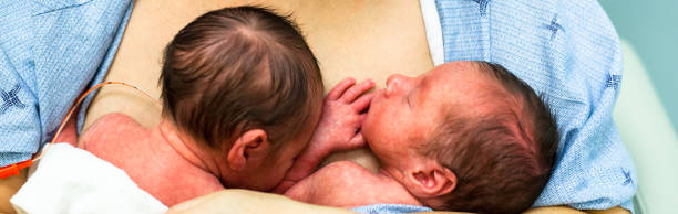 Identical twin boys sleeping side by side on their mother's breast stock photo