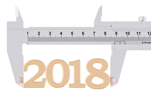 Vernier caliper with 2018, analysis of year concept. 3D rendering