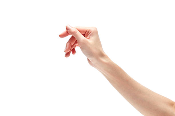 istock woman's hand measuring invisible items. Isolated on white 899803034