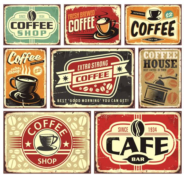 illustrazioni stock, clip art, cartoni animati e icone di tendenza di raccolta insegne ed etichette per caffè - coffee bean coffee label retro revival