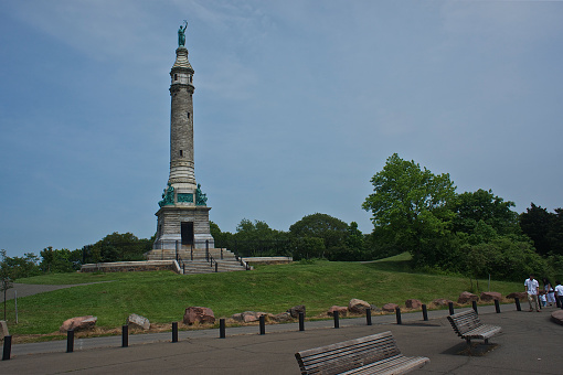 New Haven, CT. May 28, 2012. The Soldiers' and Sailors' Monument is a war memorial located on the 366-foot summit of East Rock in New Haven, Connecticut. It is visible for miles from the surrounding area and Long Island Sound.