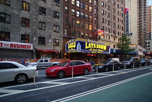 New York City, USA - July 26, 2010: Outdoor sign for the Late Show with David Letterman, an American late-night talk show hosted by David Letterman