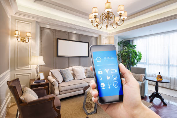 istock smart phone with smart home with modern living room 899824272