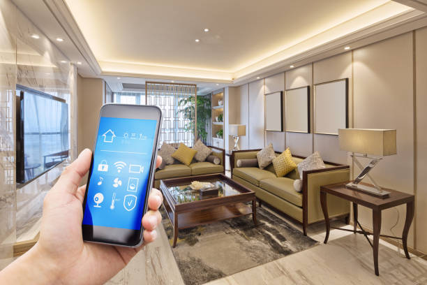 istock smart phone with smart home with modern living room 899824442
