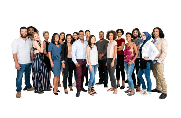 Large group of multi-ethnic people isolated over a white background and looking at the camera smiling