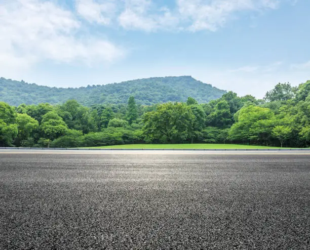 Photo of country road and mountains with forest in summer