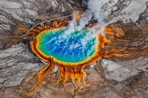 An aerial view of the incredible Grand Prismatic Spring in Wyoming, USA's Yellowstone National Park