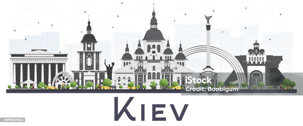 Horizonte de Kiev Ucrania ciudad con edificios gris aislado sobre fondo blanco. - arte vectorial de Kiev libre de derechos