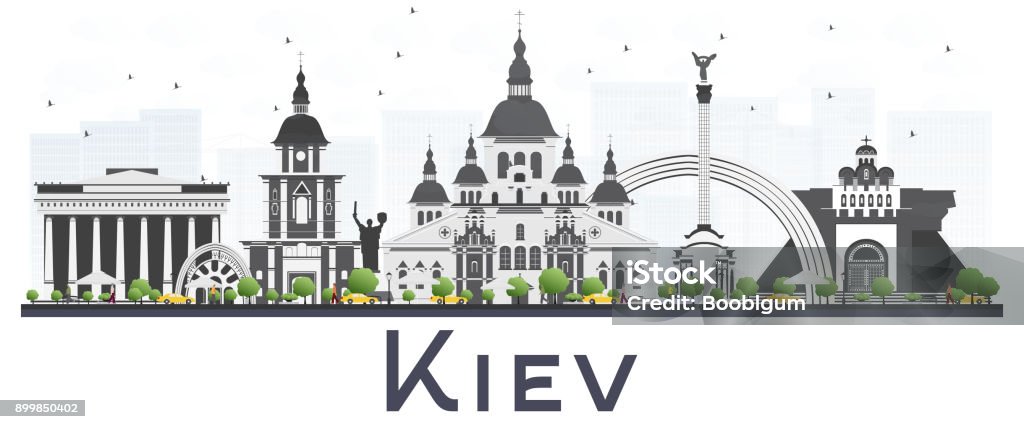 Kiev Ukraine City Skyline with Gray Buildings Isolated on White Background. Kiev Ukraine City Skyline with Gray Buildings Isolated on White Background. Vector Illustration. Business Travel and Tourism Concept. Kiev Cityscape with Landmarks. Kyiv stock vector