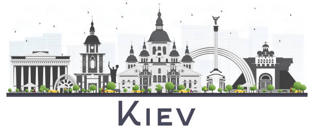 基輔烏克蘭城市天際線與灰色建築隔絕在白色背景。 - kiev 幅插畫檔、美工圖案、卡通及圖標