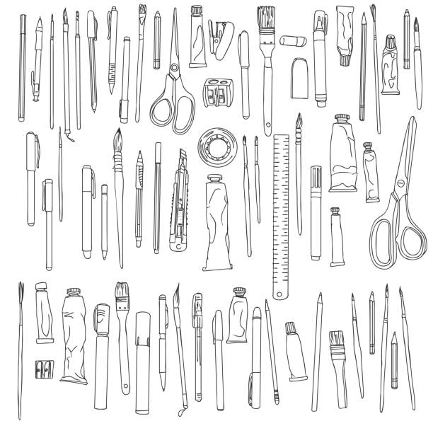 ilustrações, clipart, desenhos animados e ícones de artigos de papelaria, material de arte - art and craft equipment