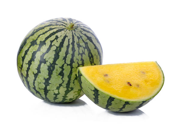 istock yellow watermelon isolated on white background 899857234