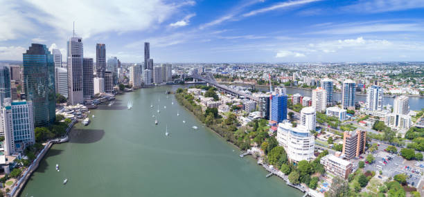 Brisbane Skyline, Aerial Panorama, Queensland, Australia Aerial Panorama of Brisbane the Capital of Queensland, Australia story bridge photos stock pictures, royalty-free photos & images