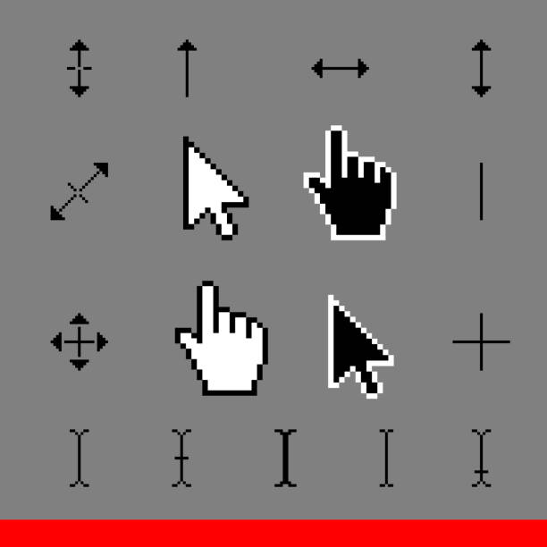 illustrations, cliparts, dessins animés et icônes de jeu d’icônes pixel classique corsor. icônes de curseurs flèche, main et support vector illustration - pointer stick illustrations