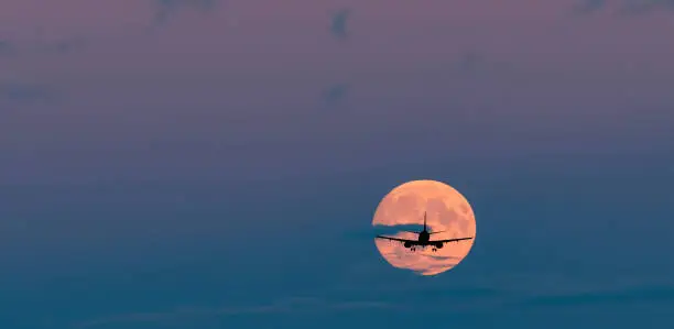 Photo of Silhouette of landing airplane at dawn