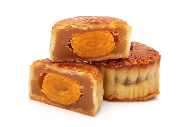 istock Round Chinese moon cake on white background 899873328