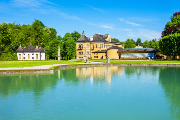 Hellbrunn Palace or Schloss Hellbrunn in Salzburg, Austria. Hellbrunn Palace is an early Baroque villa of palatial size in a southern 