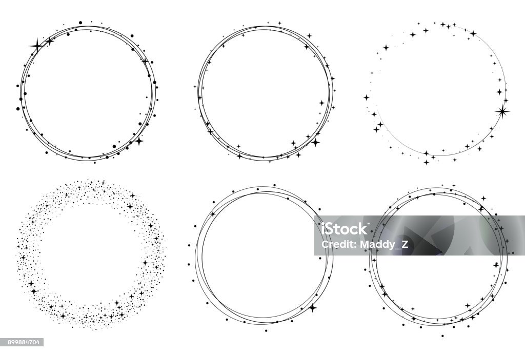 Set of vector graphic circle frames. Wreaths for design,  template. Stardust, stars, starry sky Set of vector graphic circle frames. Wreaths for design,  template. Stardust, stars, starry sky. Circle stock vector