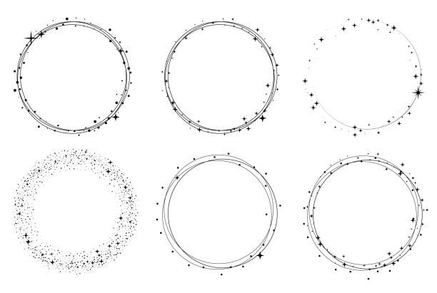 Set of vector graphic circle frames. Wreaths for design, template. Stardust, stars, starry sky Set of vector graphic circle frames. Wreaths for design, template. Stardust, stars, starry sky. rounded star shape stock illustrations