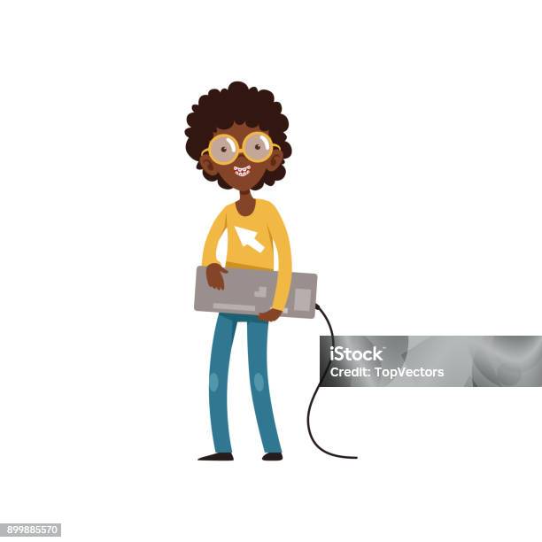 Computer Geek Character With Keyboard In Hands Cartoon Black Boy With ...