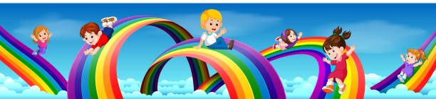 ilustrações de stock, clip art, desenhos animados e ícones de cartoon kids sliding down the rainbow - preschooler playing family summer