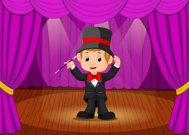 ilustrações de stock, clip art, desenhos animados e ícones de magician performing on a stage - magic circus wand circus theatrical performance stage theater