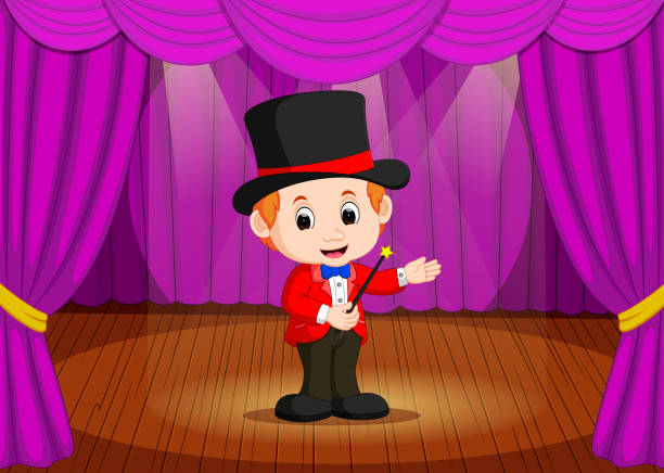 ilustrações de stock, clip art, desenhos animados e ícones de magician performing on a stage - magic circus wand circus theatrical performance stage theater