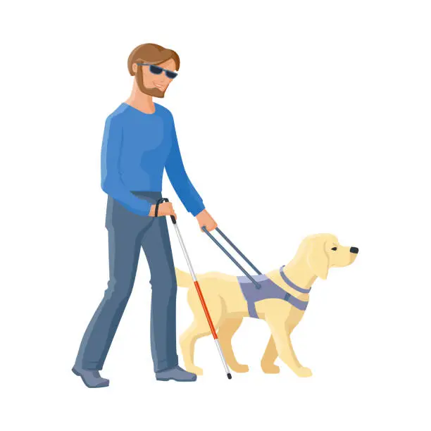 Vector illustration of Blind man walking with cane and guide dog