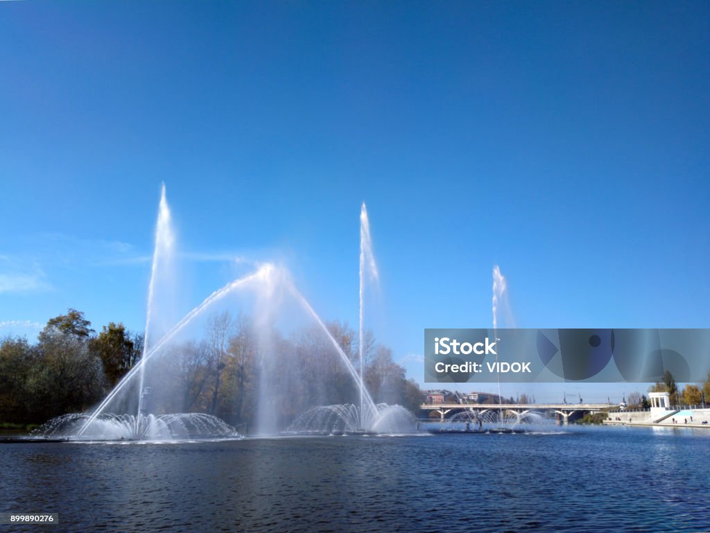 Fountain on the river in Vinnytsia. This image was taken with a mobile phone. Architecture Stock Photo