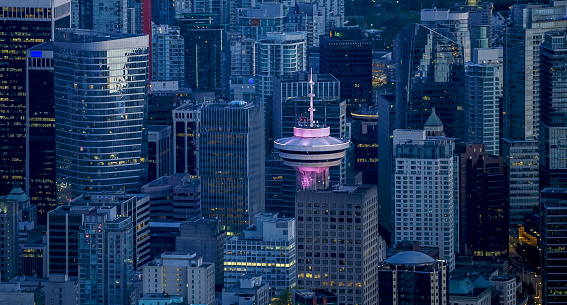 View of crowded cityscape with Harbour Centre, Vancouver, British Columbia, Canada.