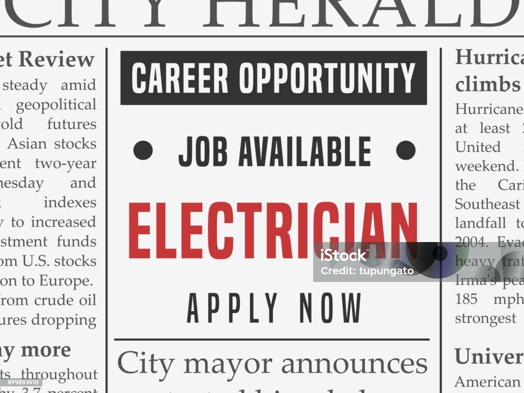 Electrician career Electrician career - job classified ad vector in fake newspaper. Help Wanted Sign stock vector
