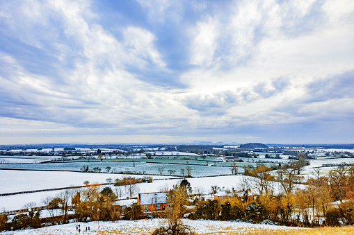 aerial view of snow covered landscape worcestershire england uk