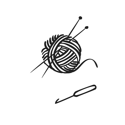 Vector hand drawn icon of knitting with ball of yarn, needles knitting and crochet isolated on white background